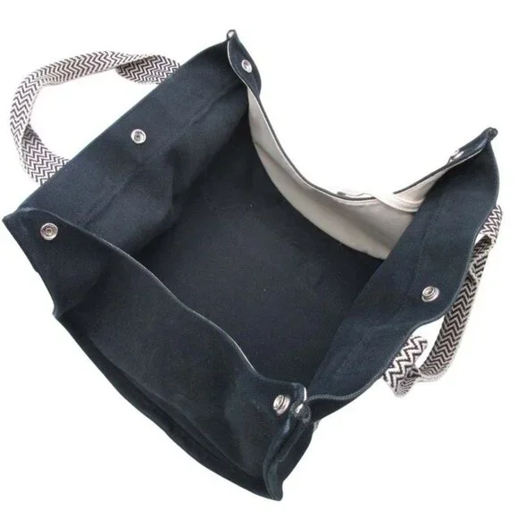 Hermes Cannes PM Handbag Tote Canvas Herringbone with Pouch Black Ivory - Picture 5 of 11